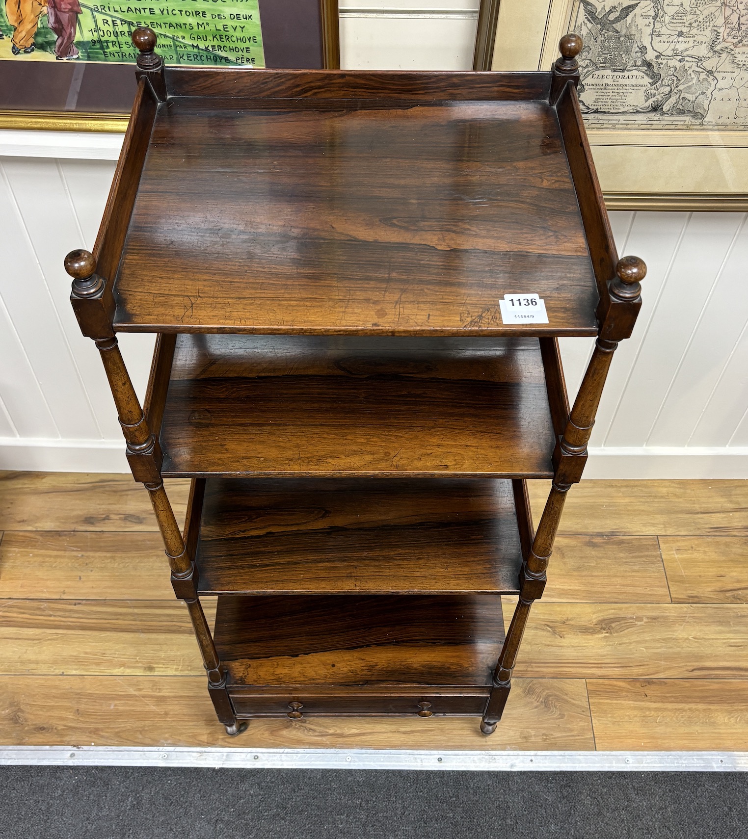 An early Victorian rosewood four tier whatnot, width 49cm, depth 48cm, height 113cm